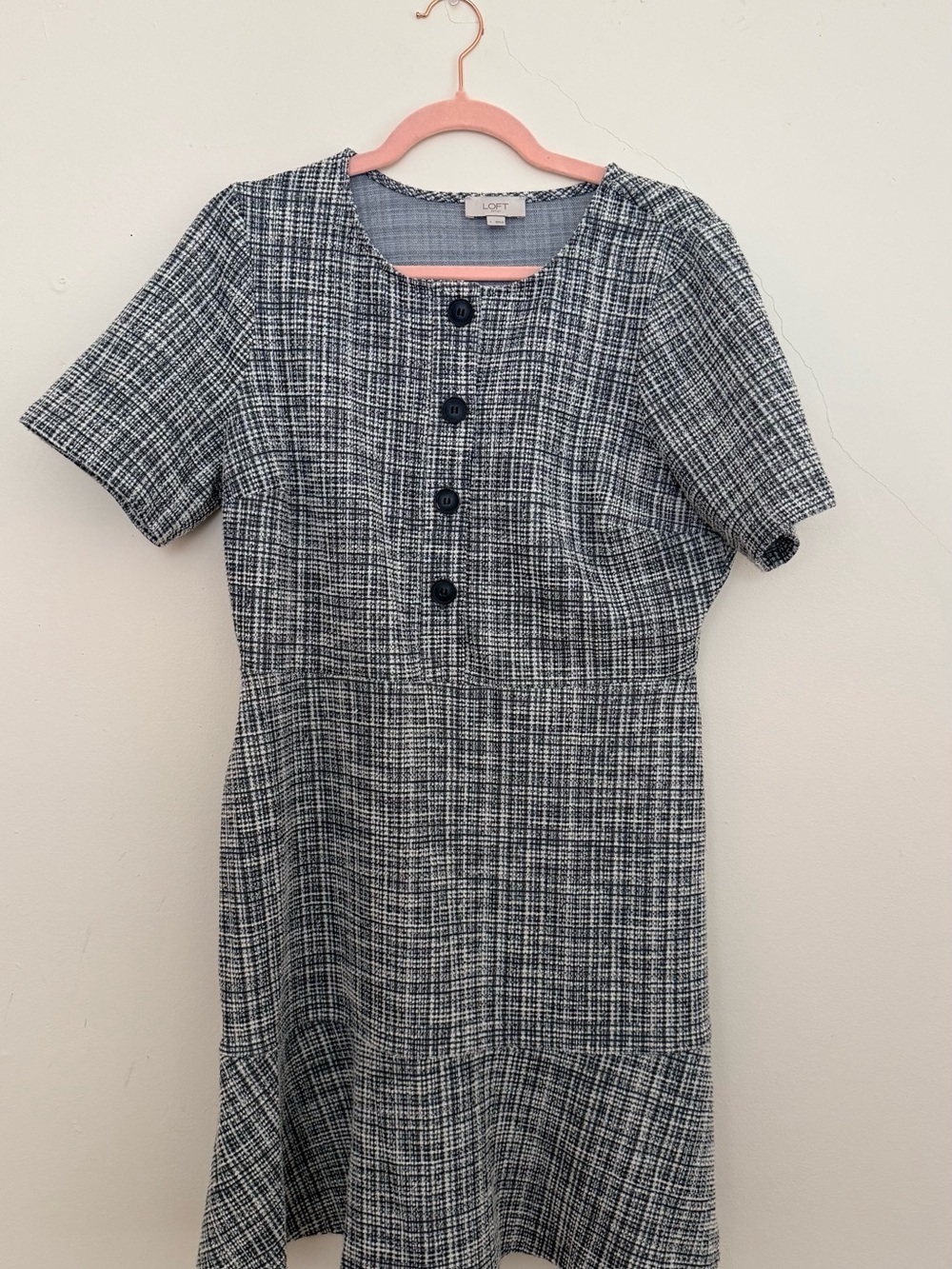 LOFT Navy and White Plaid Short-Sleeve Shift Dress